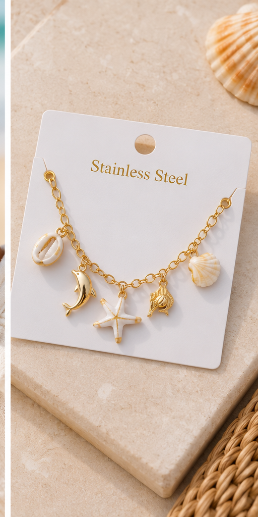 Bracelet Charms Océan en Acier Inoxydable Doré – Coquillage, Étoile de Mer & Dauphin