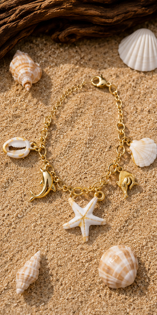 Bracelet Charms Océan en Acier Inoxydable Doré – Coquillage, Étoile de Mer & Dauphin